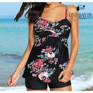 Adisputent Cross Front Floral Boyshort Tankini Swimsuit Size XL